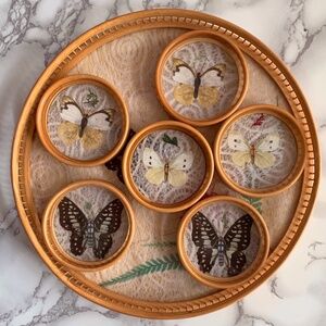 Vintage Wooden Butterfly Coaster Set & Serving Tray